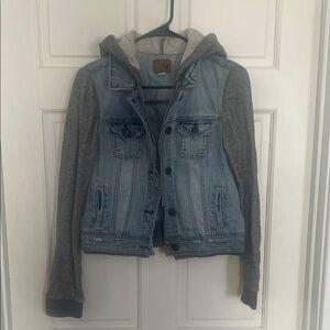 Light Wash Denim Jacket with Gray Hoodie Sleeves
